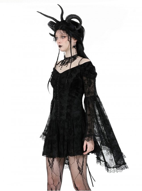 Black Sexy Dreamy One Shoulder Design Exquisite Layered Lace Gothic Style Trumpet Sleeves Dress