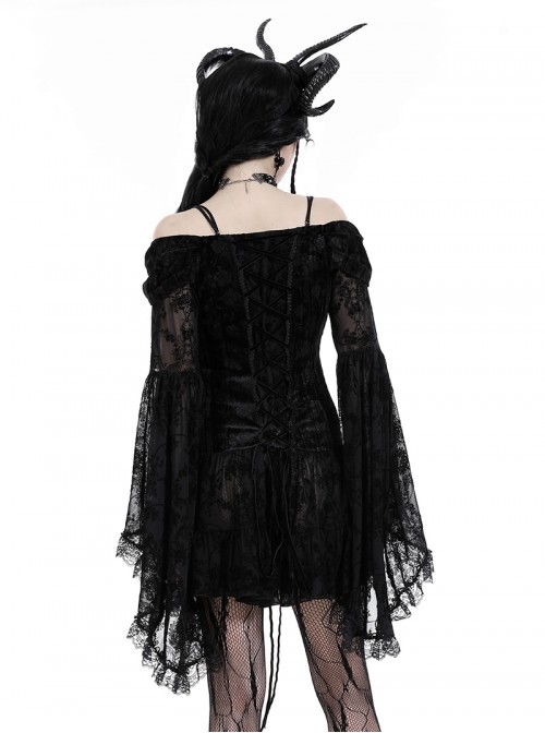 Black Sexy Dreamy One Shoulder Design Exquisite Layered Lace Gothic Style Trumpet Sleeves Dress