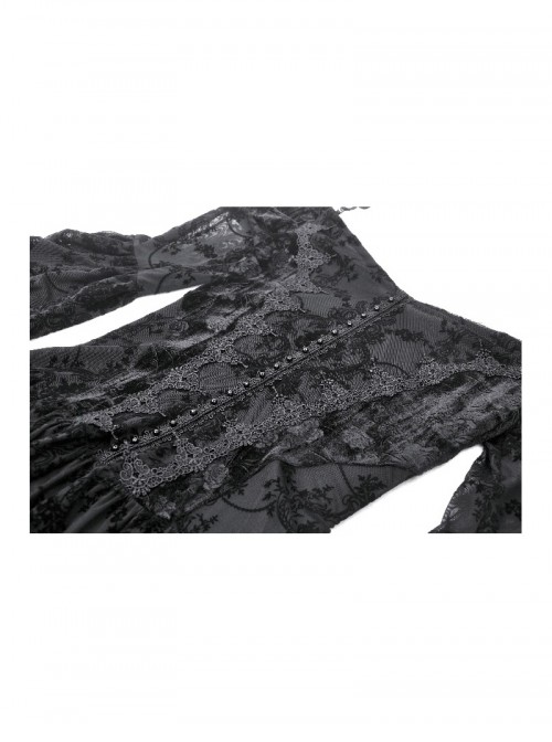 Black Sexy Dreamy One Shoulder Design Exquisite Layered Lace Gothic Style Trumpet Sleeves Dress