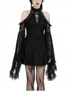 Black Sexy Halterneck Off Shoulder Design Retro Flared Sleeves Exquisite Lace Decoration Gothic Style Dress