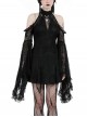 Black Sexy Halterneck Off Shoulder Design Retro Flared Sleeves Exquisite Lace Decoration Gothic Style Dress