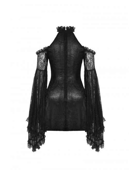 Black Sexy Halterneck Off Shoulder Design Retro Flared Sleeves Exquisite Lace Decoration Gothic Style Dress