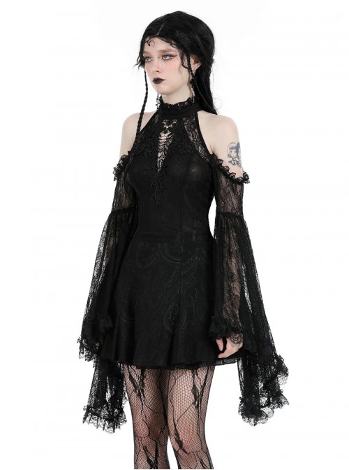 Black Sexy Halterneck Off Shoulder Design Retro Flared Sleeves Exquisite Lace Decoration Gothic Style Dress