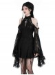 Black Sexy Halterneck Off Shoulder Design Retro Flared Sleeves Exquisite Lace Decoration Gothic Style Dress