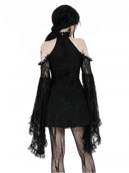 Black Sexy Halterneck Off Shoulder Design Retro Flared Sleeves Exquisite Lace Decoration Gothic Style Dress