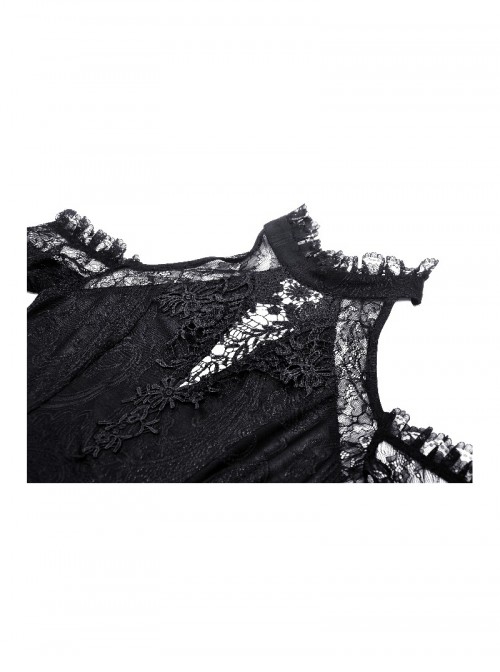Black Sexy Halterneck Off Shoulder Design Retro Flared Sleeves Exquisite Lace Decoration Gothic Style Dress