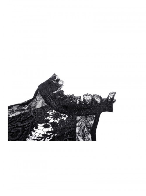 Black Sexy Halterneck Off Shoulder Design Retro Flared Sleeves Exquisite Lace Decoration Gothic Style Dress