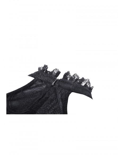 Black Sexy Halterneck Off Shoulder Design Retro Flared Sleeves Exquisite Lace Decoration Gothic Style Dress