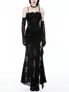 Black Sexy Lace Stitching Perspective Side Slit Design Gothic Style Slim Suspender Dress