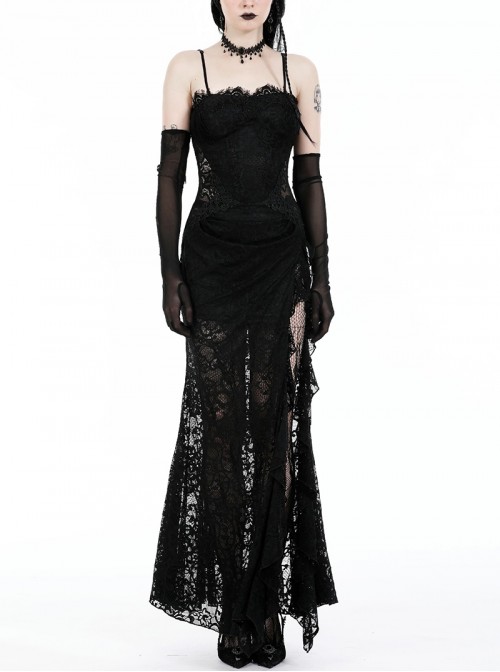 Black Sexy Lace Stitching Perspective Side Slit Design Gothic Style Slim Suspender Dress