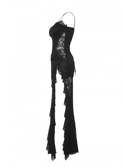 Black Sexy Lace Stitching Perspective Side Slit Design Gothic Style Slim Suspender Dress