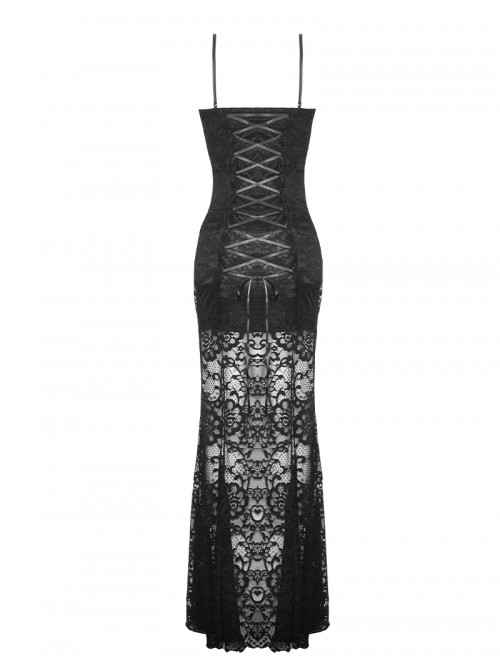 Black Sexy Lace Stitching Perspective Side Slit Design Gothic Style Slim Suspender Dress