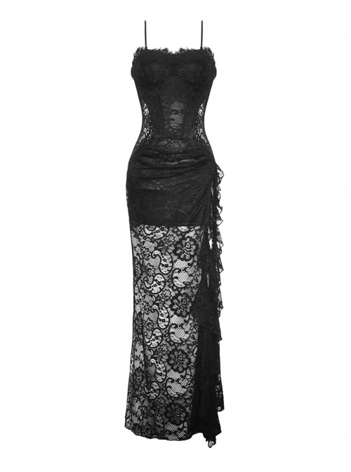 Black Sexy Lace Stitching Perspective Side Slit Design Gothic Style Slim Suspender Dress
