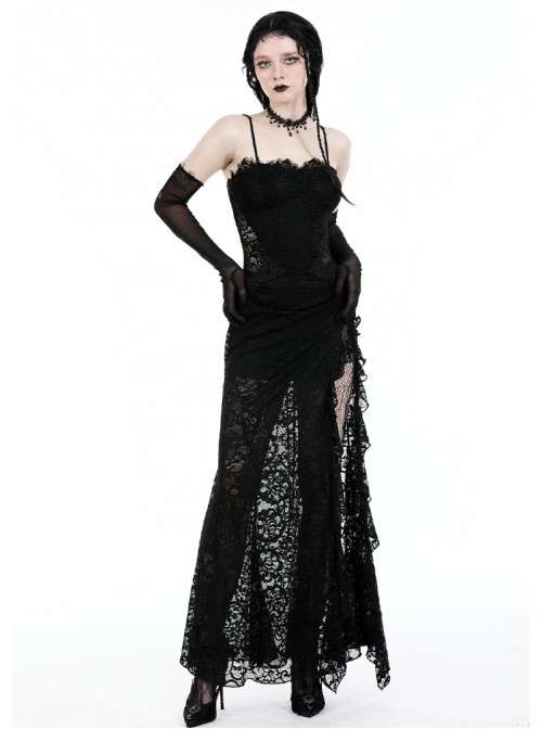 Black Sexy Lace Stitching Perspective Side Slit Design Gothic Style Slim Suspender Dress