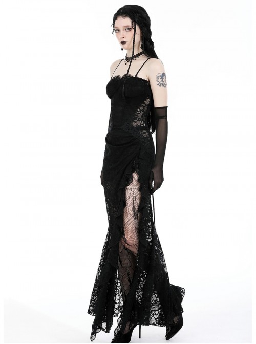 Black Sexy Lace Stitching Perspective Side Slit Design Gothic Style Slim Suspender Dress