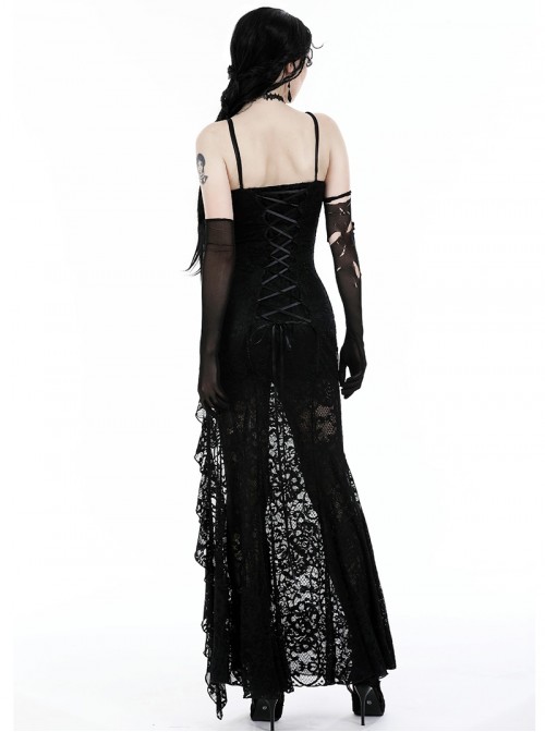 Black Sexy Lace Stitching Perspective Side Slit Design Gothic Style Slim Suspender Dress