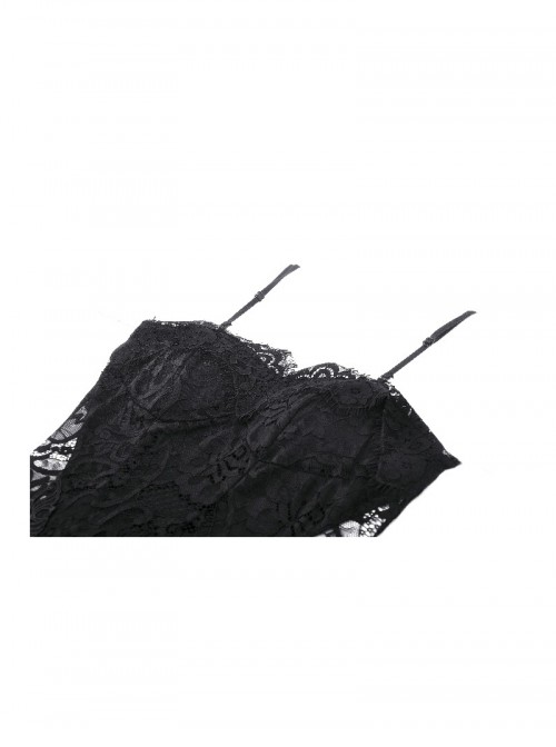 Black Sexy Lace Stitching Perspective Side Slit Design Gothic Style Slim Suspender Dress