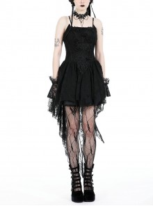 Black Gorgeous Lace Stitching Exquisite Dark Pattern Luxury Trailing Gothic Style Suspender Dress