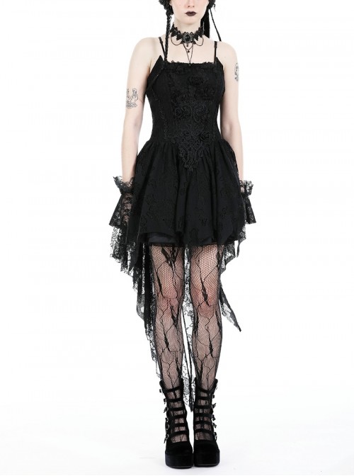 Black Gorgeous Lace Stitching Exquisite Dark Pattern Luxury Trailing Gothic Style Suspender Dress