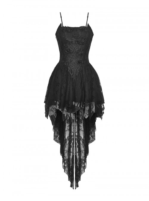 Black Gorgeous Lace Stitching Exquisite Dark Pattern Luxury Trailing Gothic Style Suspender Dress