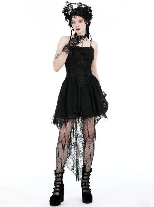 Black Gorgeous Lace Stitching Exquisite Dark Pattern Luxury Trailing Gothic Style Suspender Dress