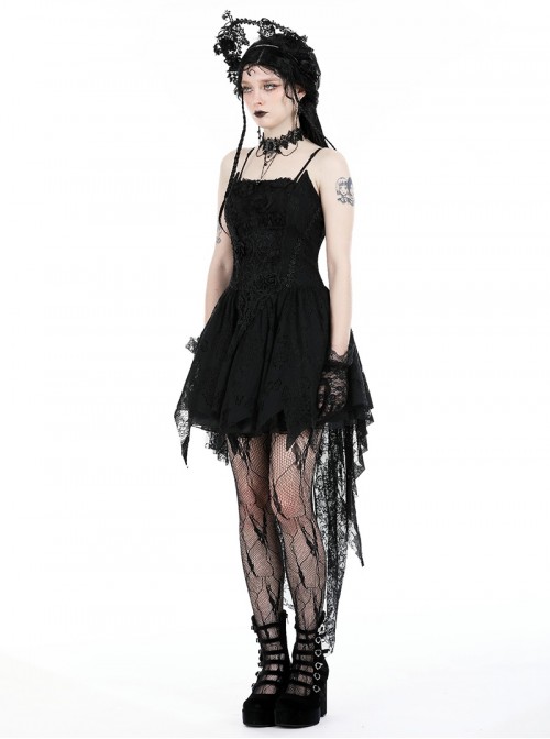 Black Gorgeous Lace Stitching Exquisite Dark Pattern Luxury Trailing Gothic Style Suspender Dress