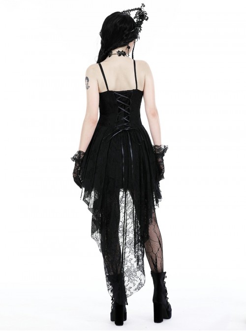 Black Gorgeous Lace Stitching Exquisite Dark Pattern Luxury Trailing Gothic Style Suspender Dress