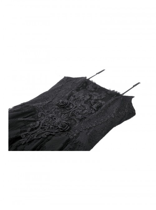 Black Gorgeous Lace Stitching Exquisite Dark Pattern Luxury Trailing Gothic Style Suspender Dress