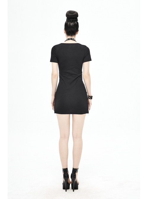 Deep V Inverted Pentagram Lace-Up Waist Leathrt Hasp Black Tight Punk Dress