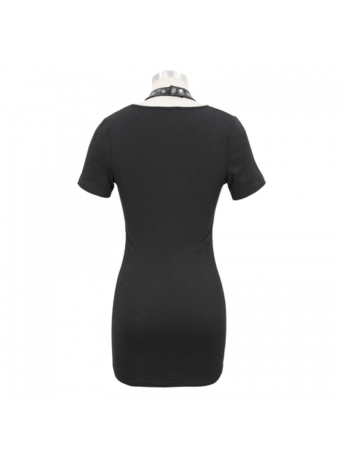 Deep V Inverted Pentagram Lace-Up Waist Leathrt Hasp Black Tight Punk Dress