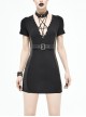 Deep V Inverted Pentagram Lace-Up Waist Leathrt Hasp Black Tight Punk Dress