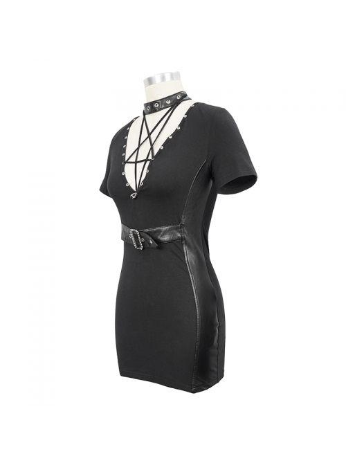Deep V Inverted Pentagram Lace-Up Waist Leathrt Hasp Black Tight Punk Dress