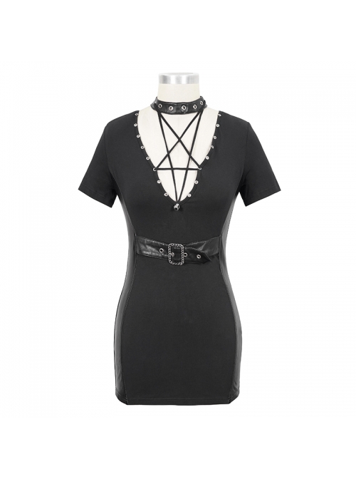 Deep V Inverted Pentagram Lace-Up Waist Leathrt Hasp Black Tight Punk Dress