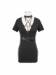 Deep V Inverted Pentagram Lace-Up Waist Leathrt Hasp Black Tight Punk Dress