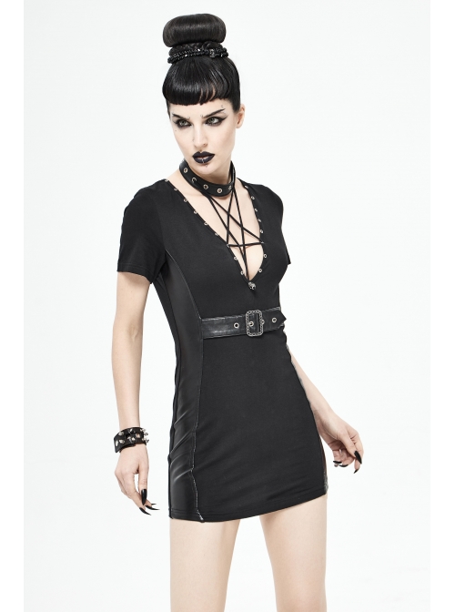 Deep V Inverted Pentagram Lace-Up Waist Leathrt Hasp Black Tight Punk Dress