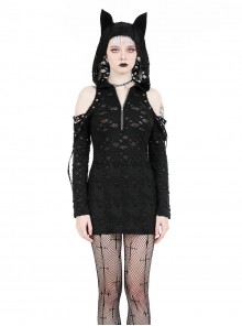 Black Personality Devil Cat Ears Hooded Design Irregular Hole Decoration Punk Style Slim Dress