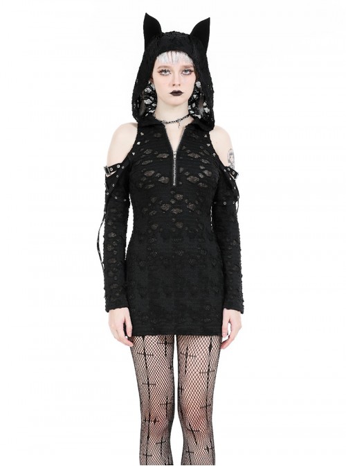 Black Personality Devil Cat Ears Hooded Design Irregular Hole Decoration Punk Style Slim Dress