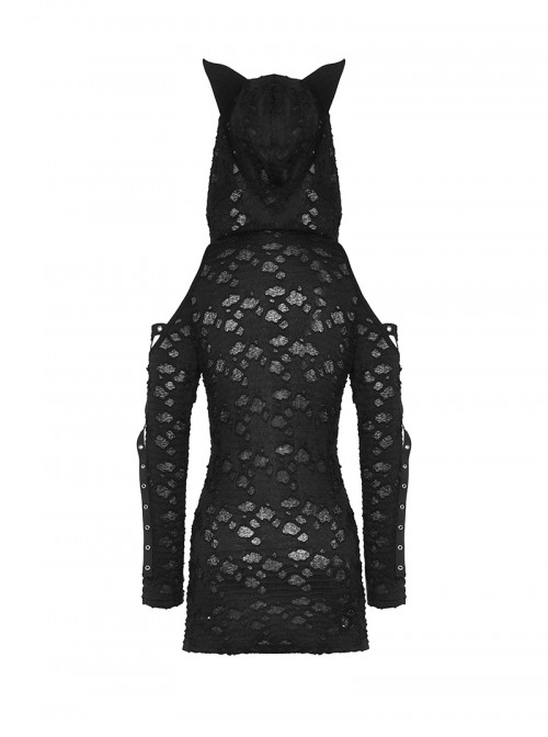 Black Personality Devil Cat Ears Hooded Design Irregular Hole Decoration Punk Style Slim Dress