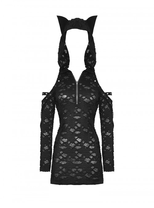 Black Personality Devil Cat Ears Hooded Design Irregular Hole Decoration Punk Style Slim Dress