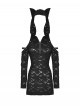 Black Personality Devil Cat Ears Hooded Design Irregular Hole Decoration Punk Style Slim Dress