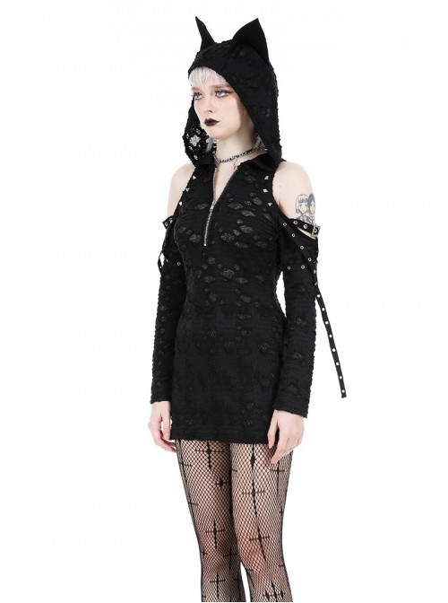 Black Personality Devil Cat Ears Hooded Design Irregular Hole Decoration Punk Style Slim Dress