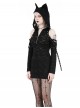 Black Personality Devil Cat Ears Hooded Design Irregular Hole Decoration Punk Style Slim Dress