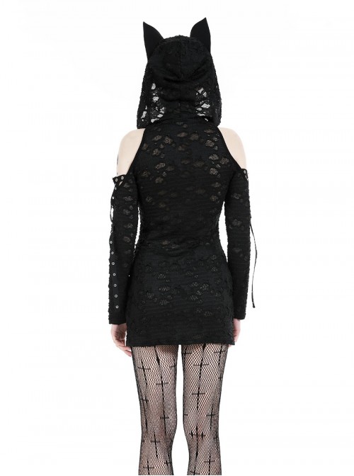Black Personality Devil Cat Ears Hooded Design Irregular Hole Decoration Punk Style Slim Dress