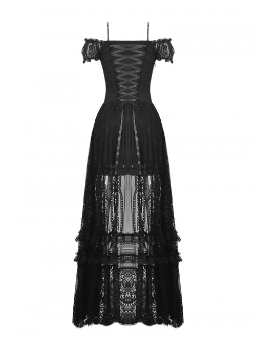 Black Elegant Sexy One Shoulder Design Retro Slim Lace Decoration Gothic Style Dress