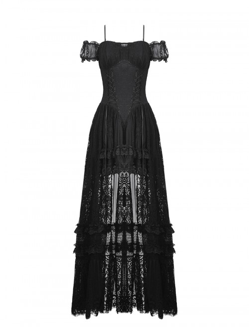 Black Elegant Sexy One Shoulder Design Retro Slim Lace Decoration Gothic Style Dress