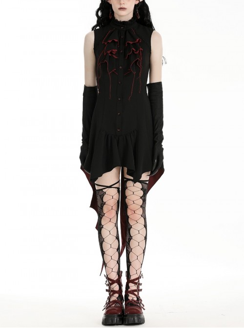 Black Red Retro Bow Tie Decorated Little Devil Tail Trailing Gothic Style Shirt Dress