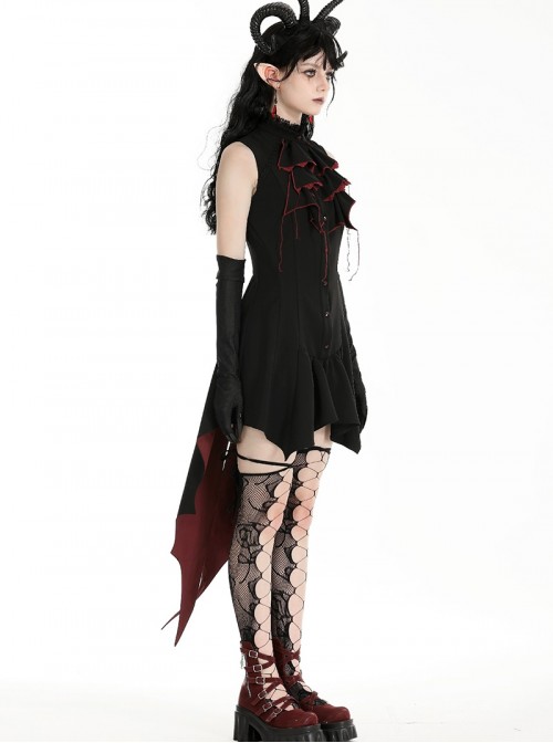 Black Red Retro Bow Tie Decorated Little Devil Tail Trailing Gothic Style Shirt Dress