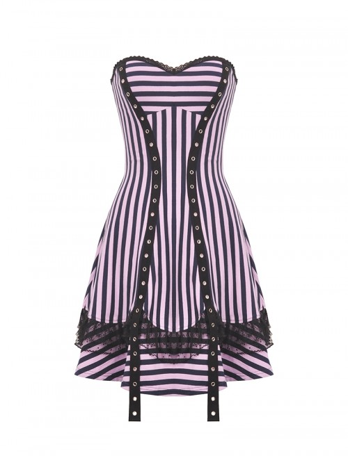 Black Purple Sexy Tube Top Striped Knitted Lace Stitching Punk Style Slim  Dress