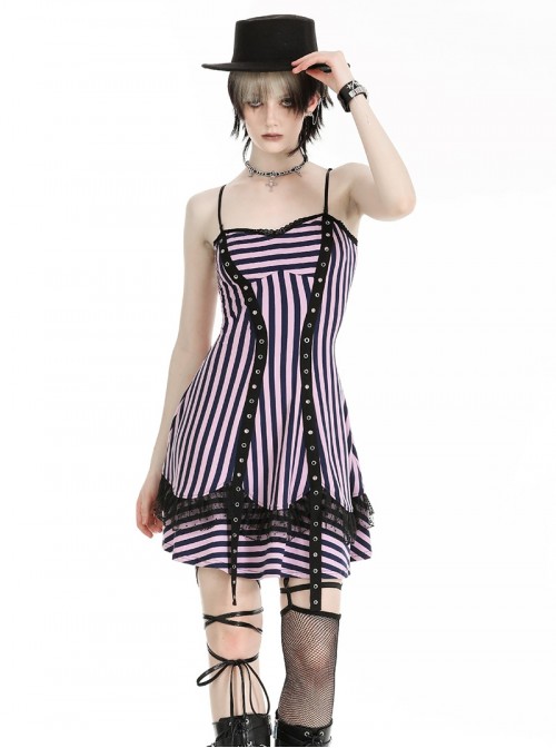 Black Purple Sexy Tube Top Striped Knitted Lace Stitching Punk Style Slim Dress