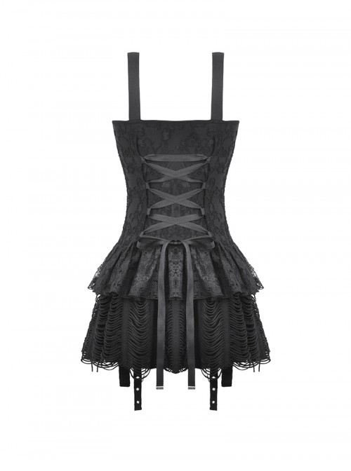 Rock Avant Garde Black Lace Splicing Rebellious Metal Ring Buckle Decoration Punk Style Suspender Dress